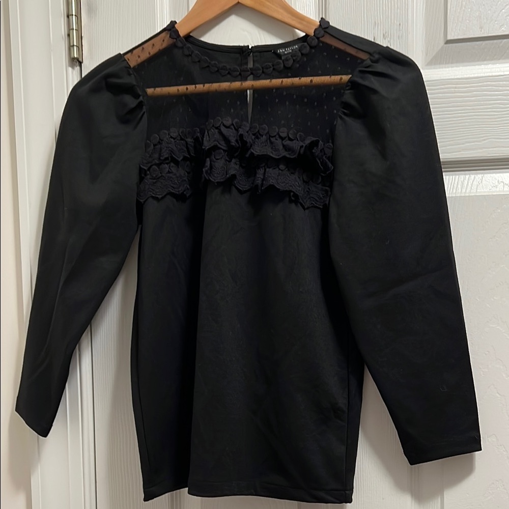 Ann Taylor Black Lace and Ruffled Bib Collar Blouse